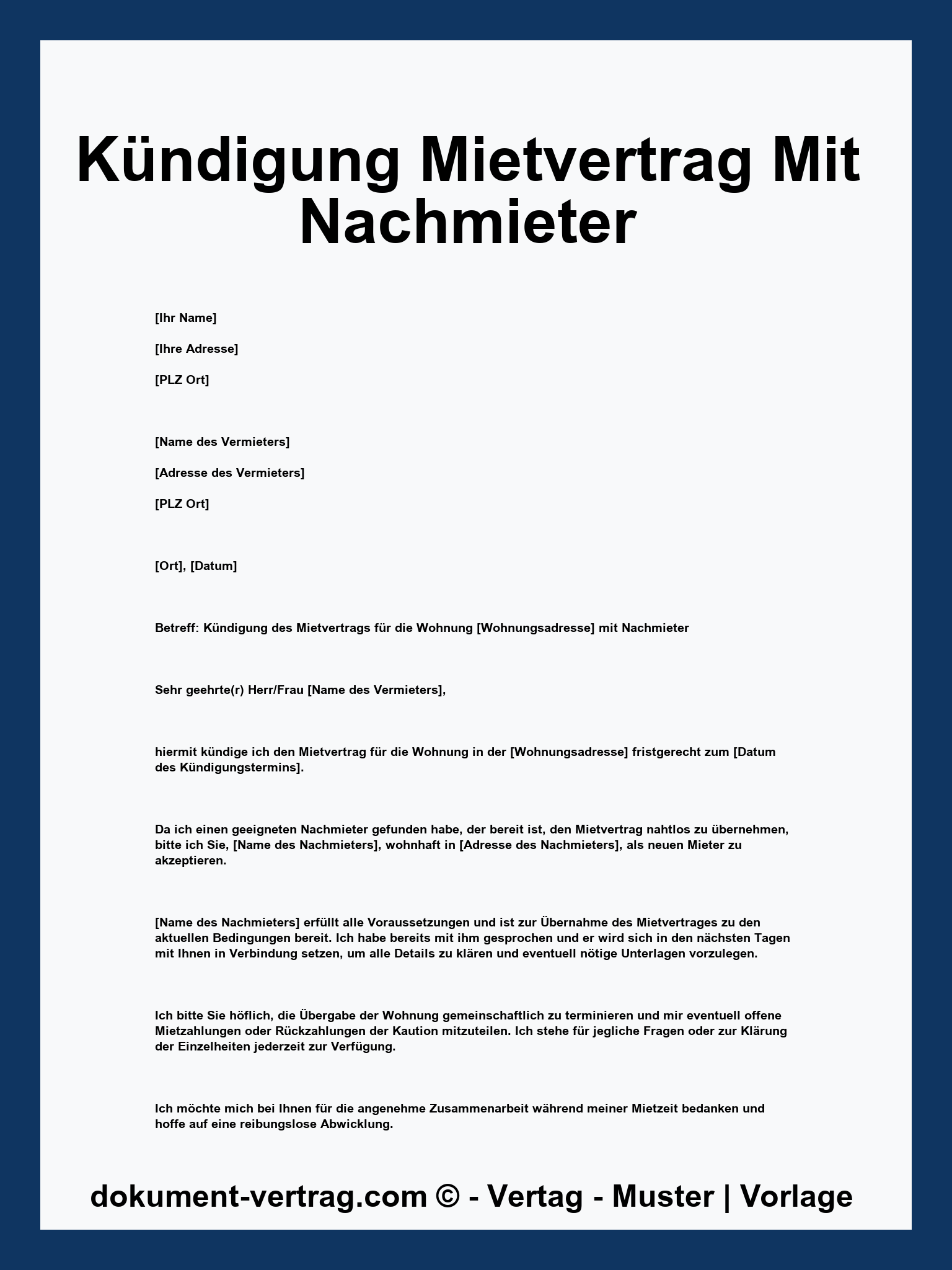Kündigung Mietvertrag Mit Nachmieter Vorlage - WORD
