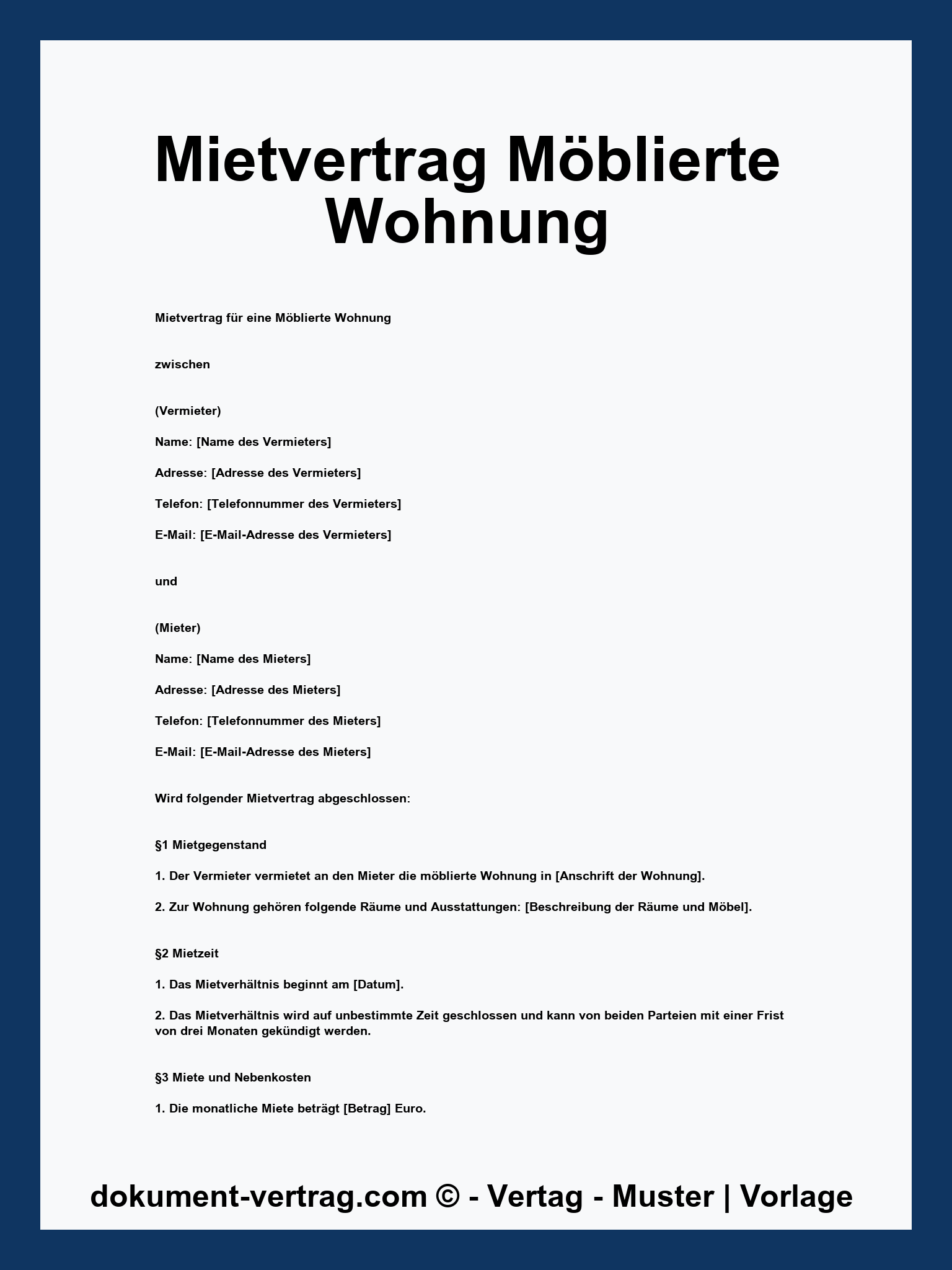 Mietvertrag Möblierte Wohnung Vorlage - WORD