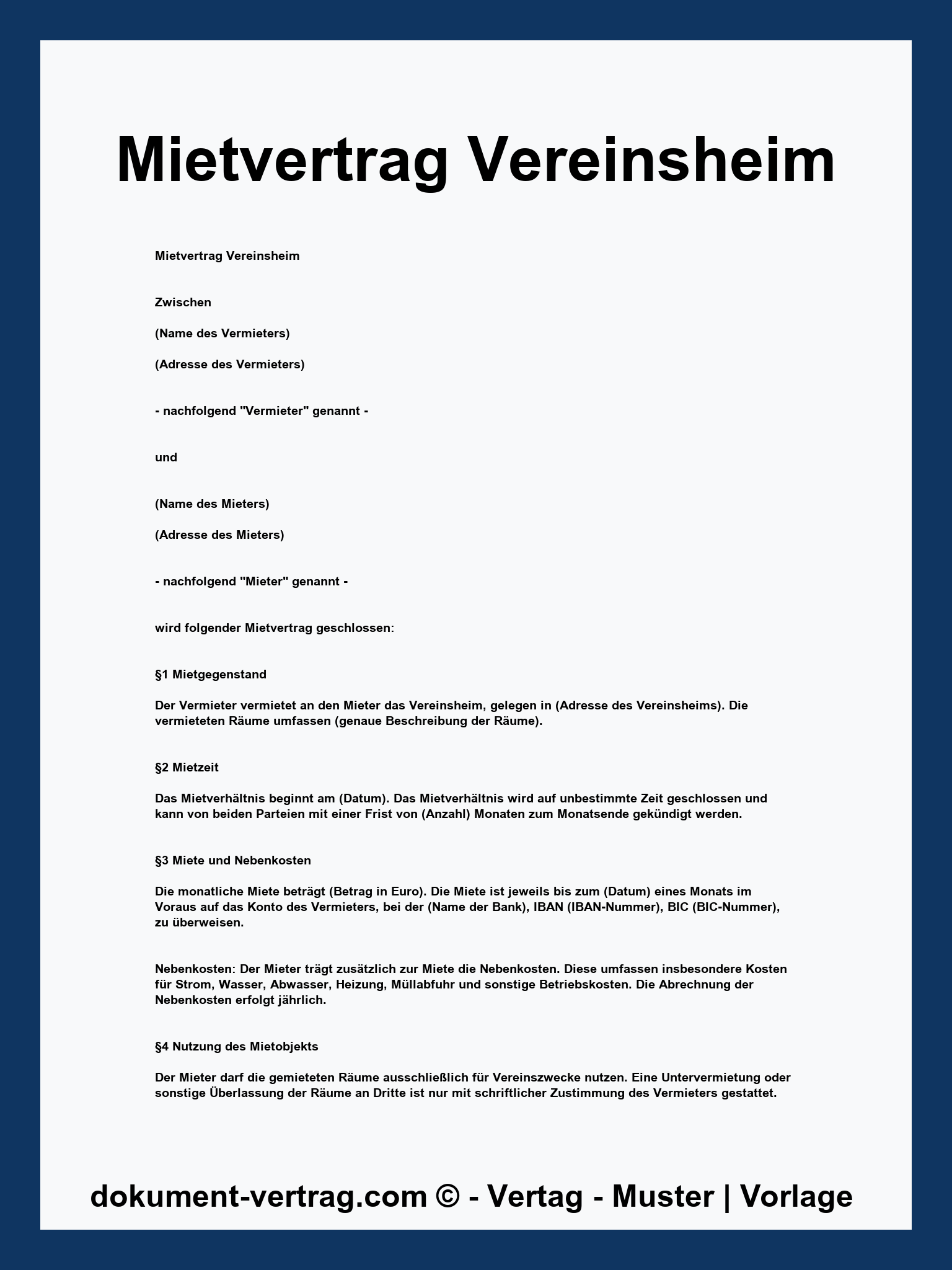 Mietvertrag Vereinsheim Muster - WORD