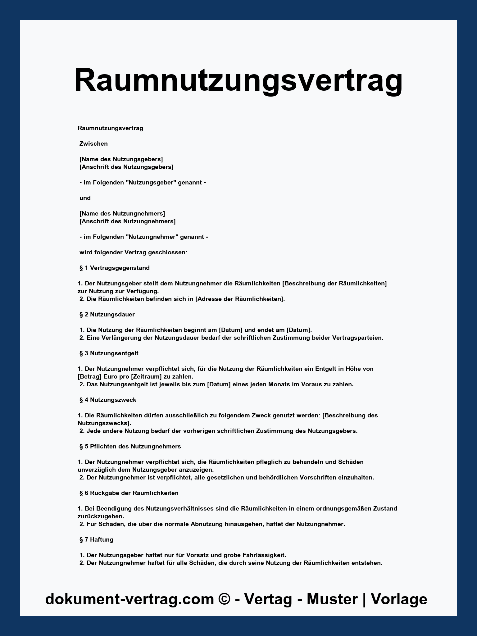 Raumnutzungsvertrag Muster - WORD Kostenlos
